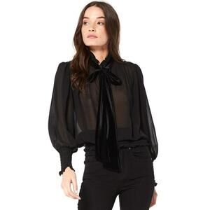Misa Los Angeles Roial Black Chiffon Blouse Tie Sash Smocked Waist Holiday Party